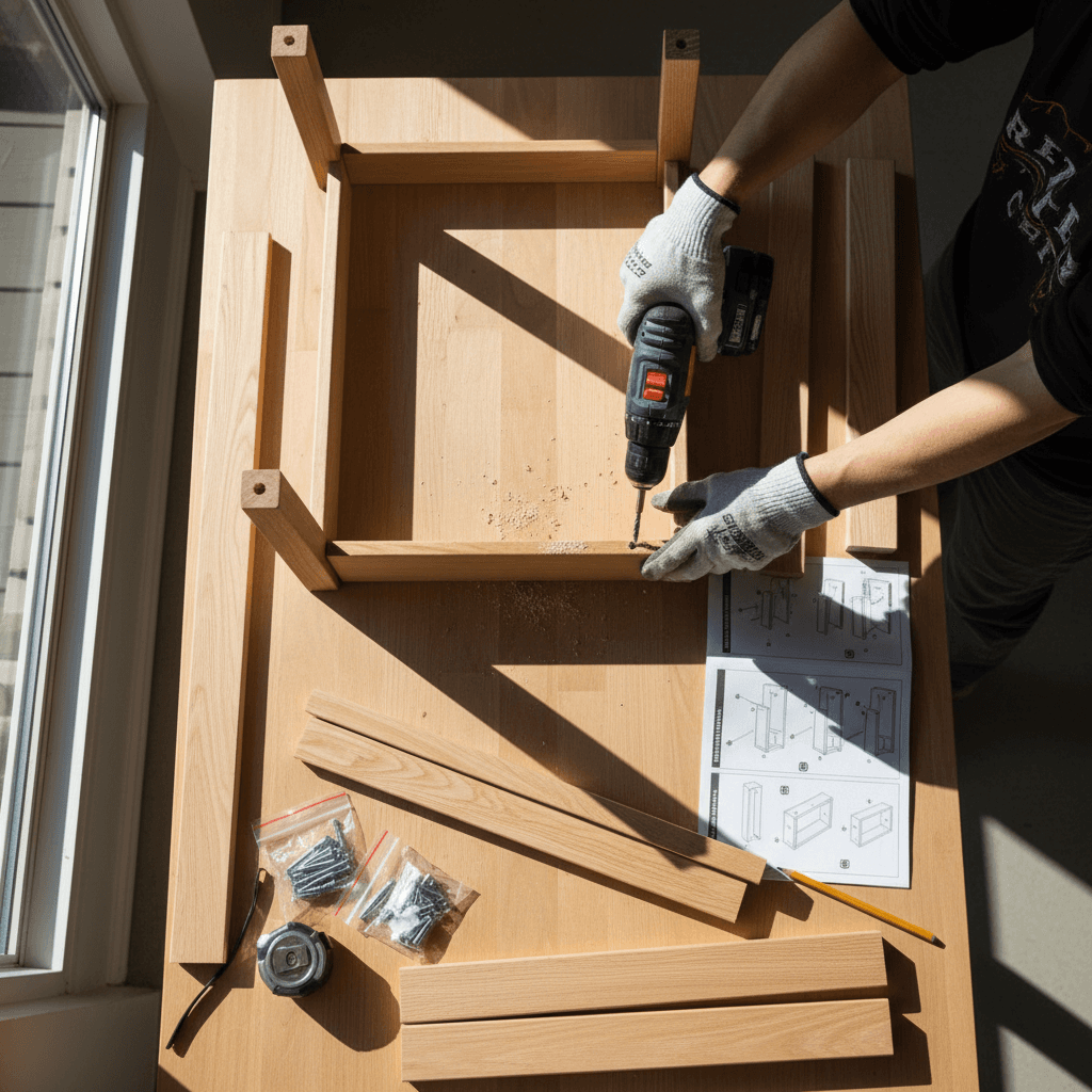 Furniture assembly with drill and hardware installation