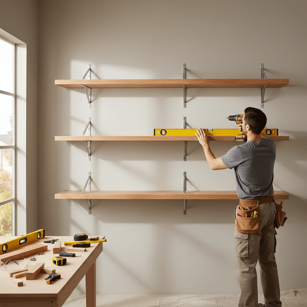 Shelving installation with brackets and wall mounting