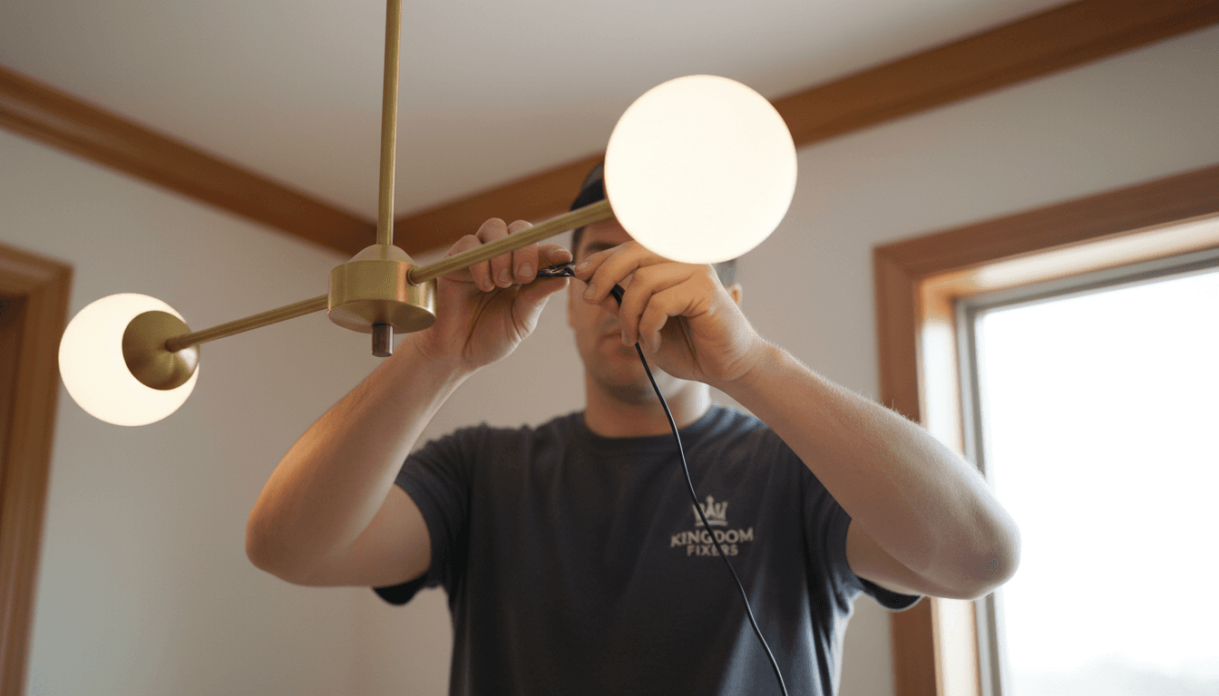 A professional handyman installing a light fixture