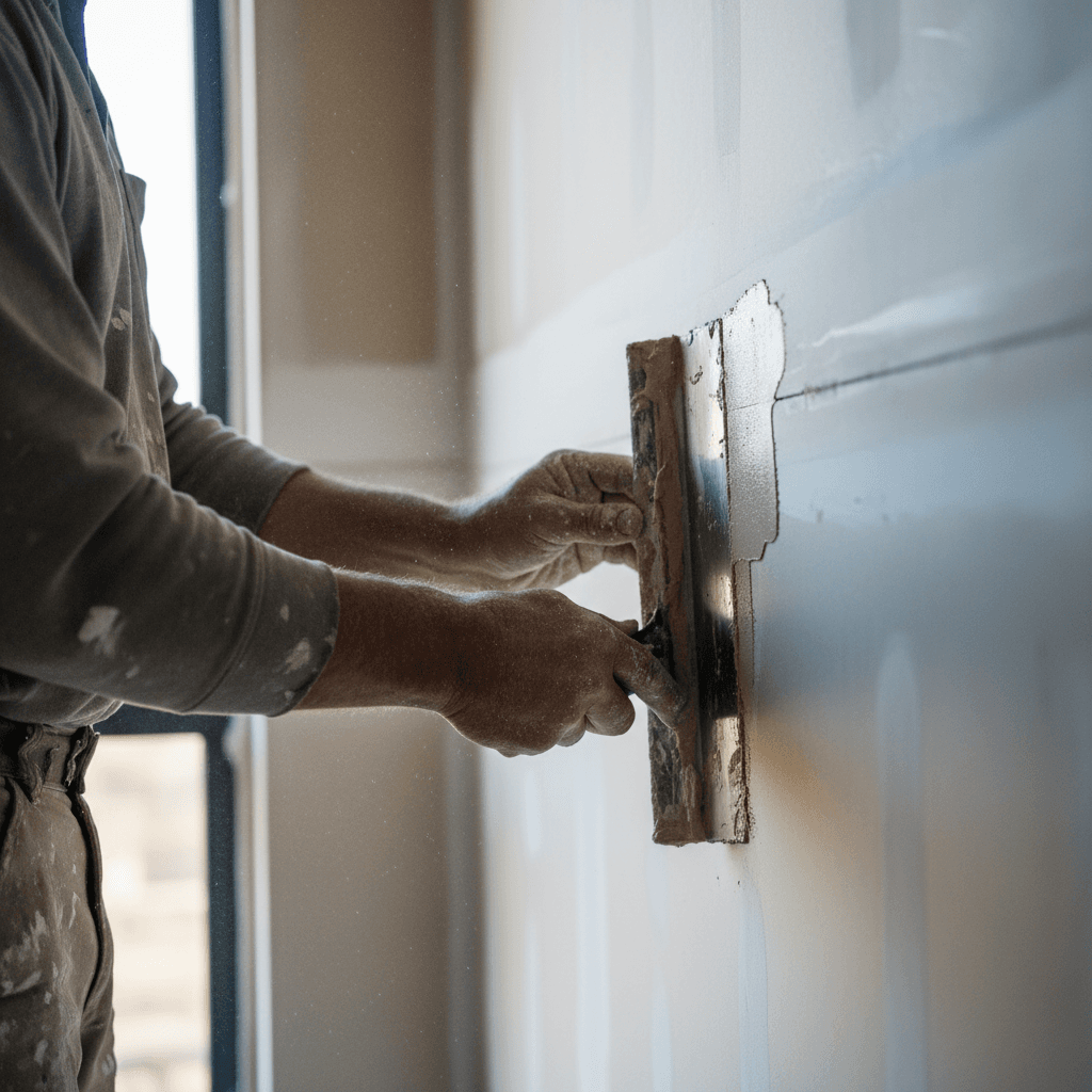 Handyman applying drywall joint compound with putty knife