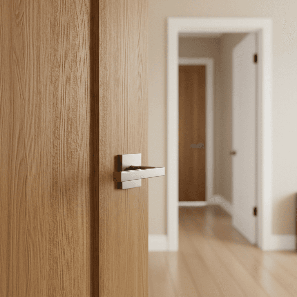 Door lock hardware being positioned for installation