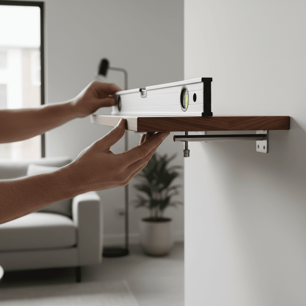 Installing wooden shelves on bedroom wall with level