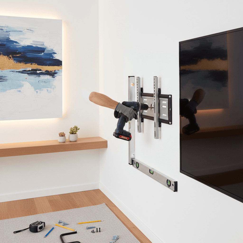 Professional installing mounted TV on bedroom wall