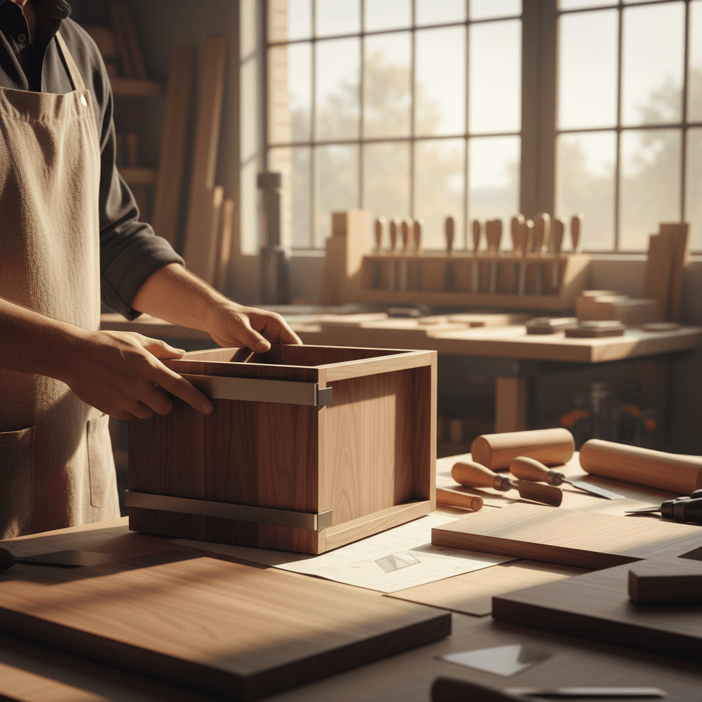 Hands assembling furniture components with hex wrench