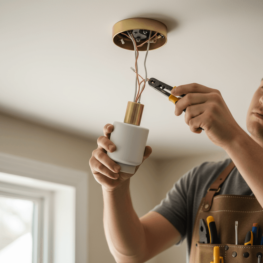 Installing light fixture to ceiling with mounting hardware