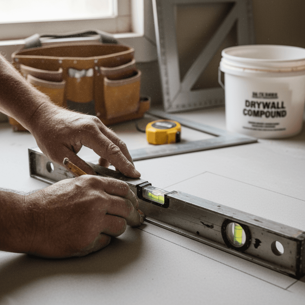 Skilled handyman measuring and marking a wall for drywall repair in a Bergen County home