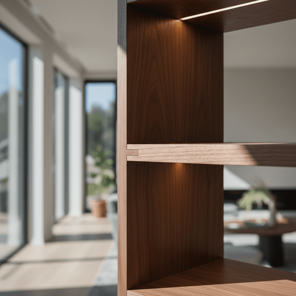 Installed wall shelving unit displaying home items