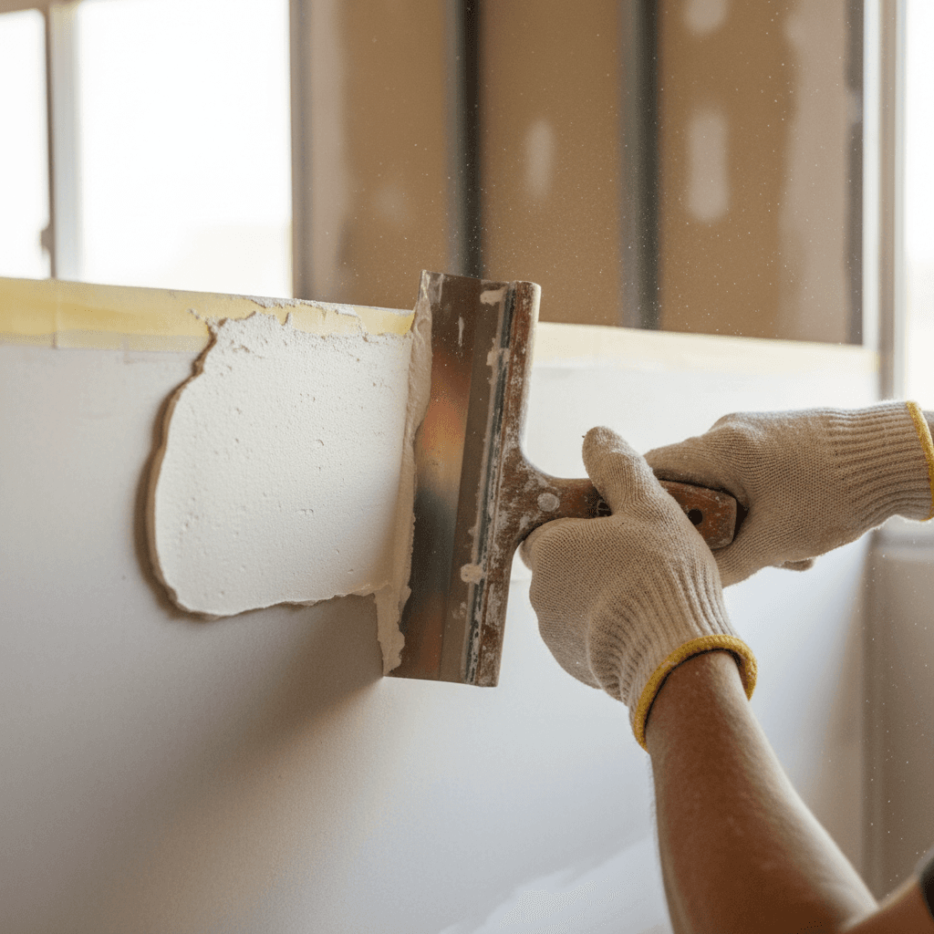 Contractor smoothing joint compound on drywall repair
